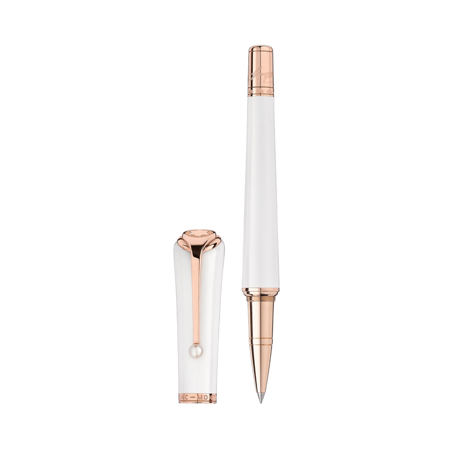 A Montblanc, Muses Marilyn Monroe Special Edition Pearl Rollerball pen crafted from white precious resin with rose gold-coated fittings set with a single pearl on the clip.