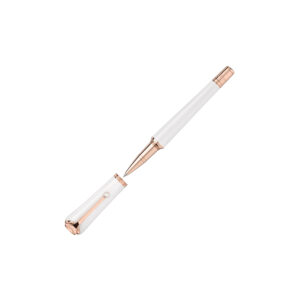 A Montblanc, Muses Marilyn Monroe Special Edition Pearl Rollerball pen crafted from white precious resin with rose gold-coated fittings set with a single pearl on the clip.