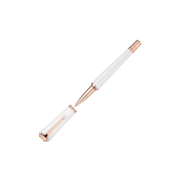 A Montblanc, Muses Marilyn Monroe Special Edition Pearl Rollerball pen crafted from white precious resin with rose gold-coated fittings set with a single pearl on the clip.