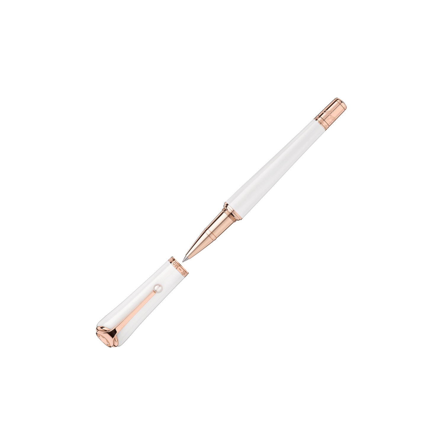 A Montblanc, Muses Marilyn Monroe Special Edition Pearl Rollerball pen crafted from white precious resin with rose gold-coated fittings set with a single pearl on the clip.