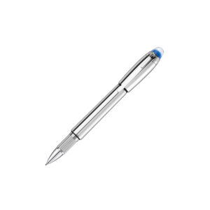 A Montblanc, StarWalker Metal Fineliner pen with platinum-coated barrel, cap and clip with a blue transluscent dome with the Montblanc emblem.