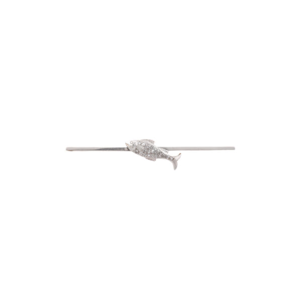 A bar brooch featuring a fish with a diamond set eye and scales.