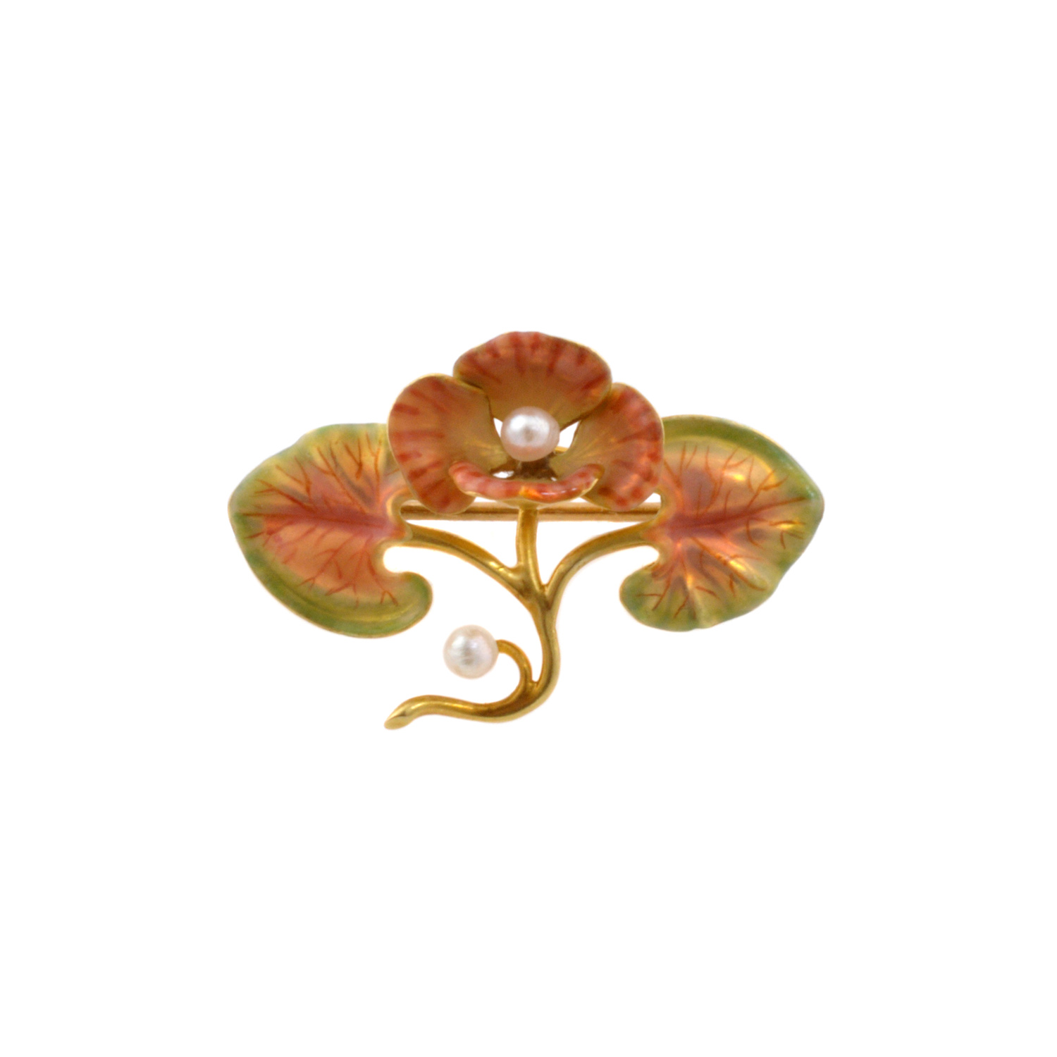 Pearl Set Enamelled Flower Brooch A pearl set enamelled brooch with two pearls, one in the centre of the flower and the other on the flower stem.