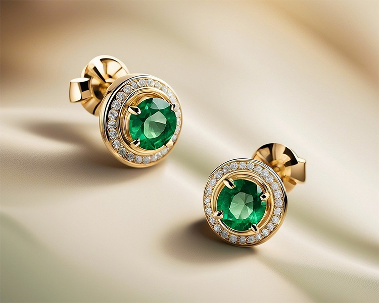 A pair of yellow gold stud earrings set with emeralds in the centre, surrounded by a cluster of diamonds.