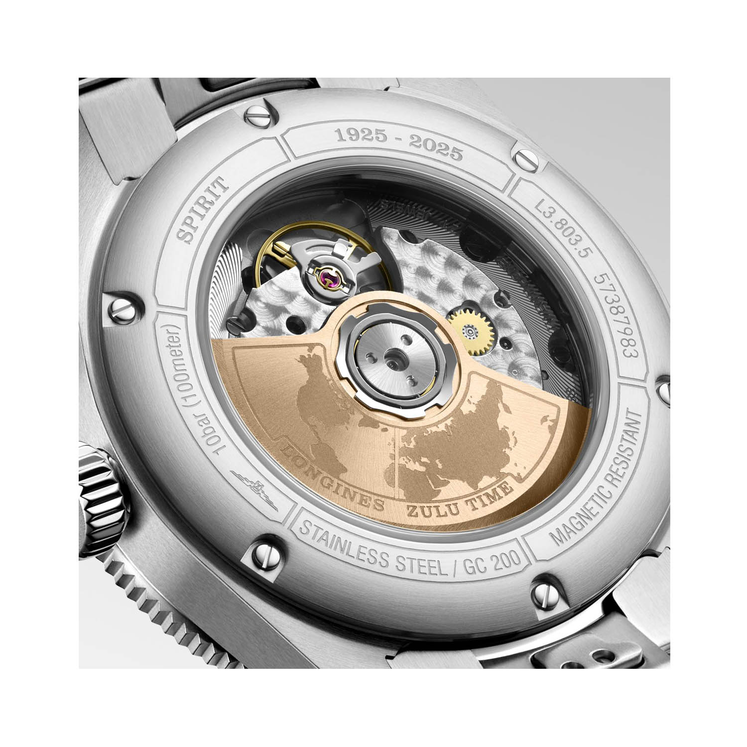 Longines, Spirit Zulu Time 1925, Automatic Men's Watch Longines, Spirit Zulu Time 1925 with a 39mm stainless steel case and bracelet strap featuring a date function and a matte black dial and 18ct pink gold bezel.