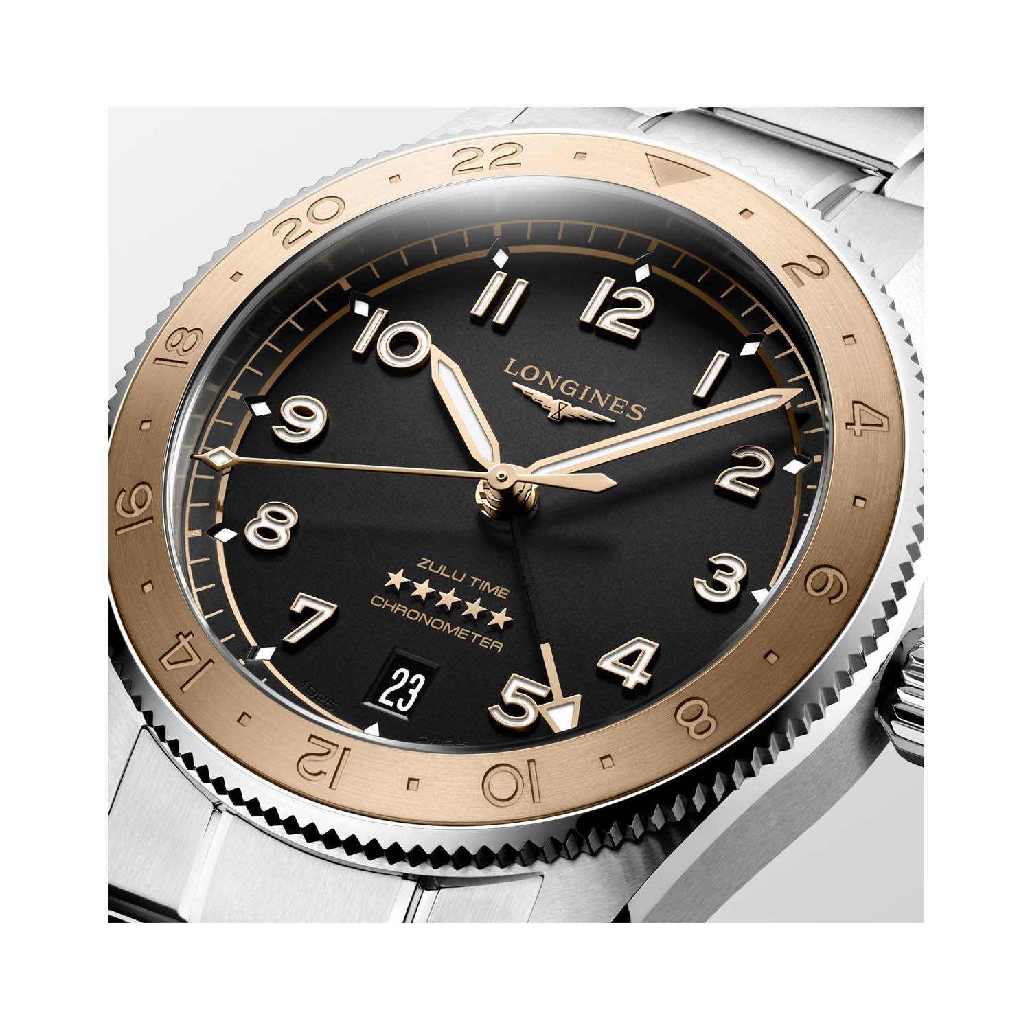 Longines, Spirit Zulu Time 1925, Automatic Men's Watch Longines, Spirit Zulu Time 1925 with a 39mm stainless steel case and bracelet strap featuring a date function and a matte black dial and 18ct pink gold bezel.