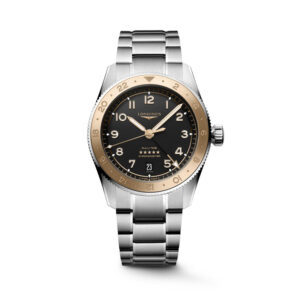 Longines, Spirit Zulu Time 1925 with a 39mm stainless steel case and bracelet strap featuring a date function and a matte black dial and 18ct pink gold bezel.