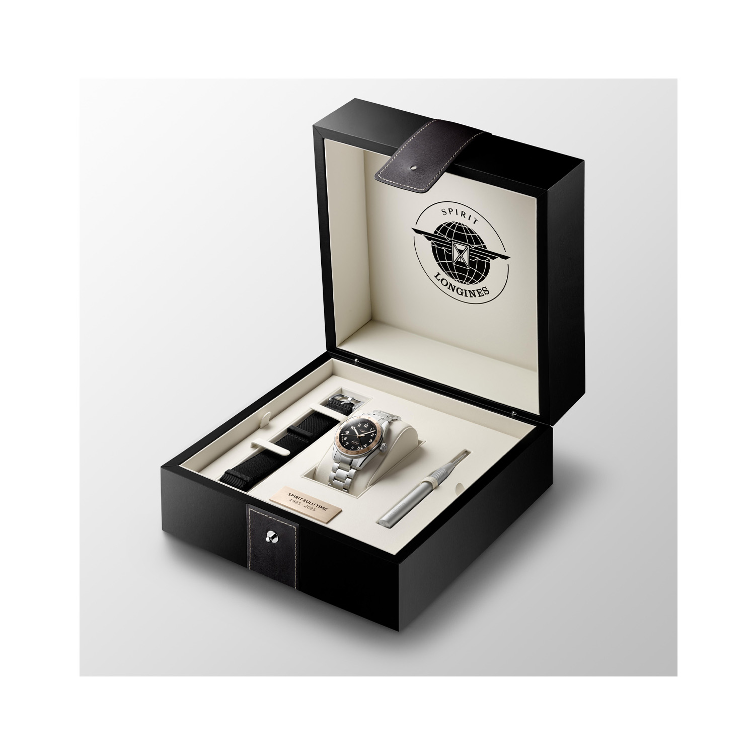 Longines, Spirit Zulu Time 1925, Automatic Men's Watch Longines, Spirit Zulu Time 1925 with a 39mm stainless steel case and bracelet strap featuring a date function and a matte black dial and 18ct pink gold bezel.