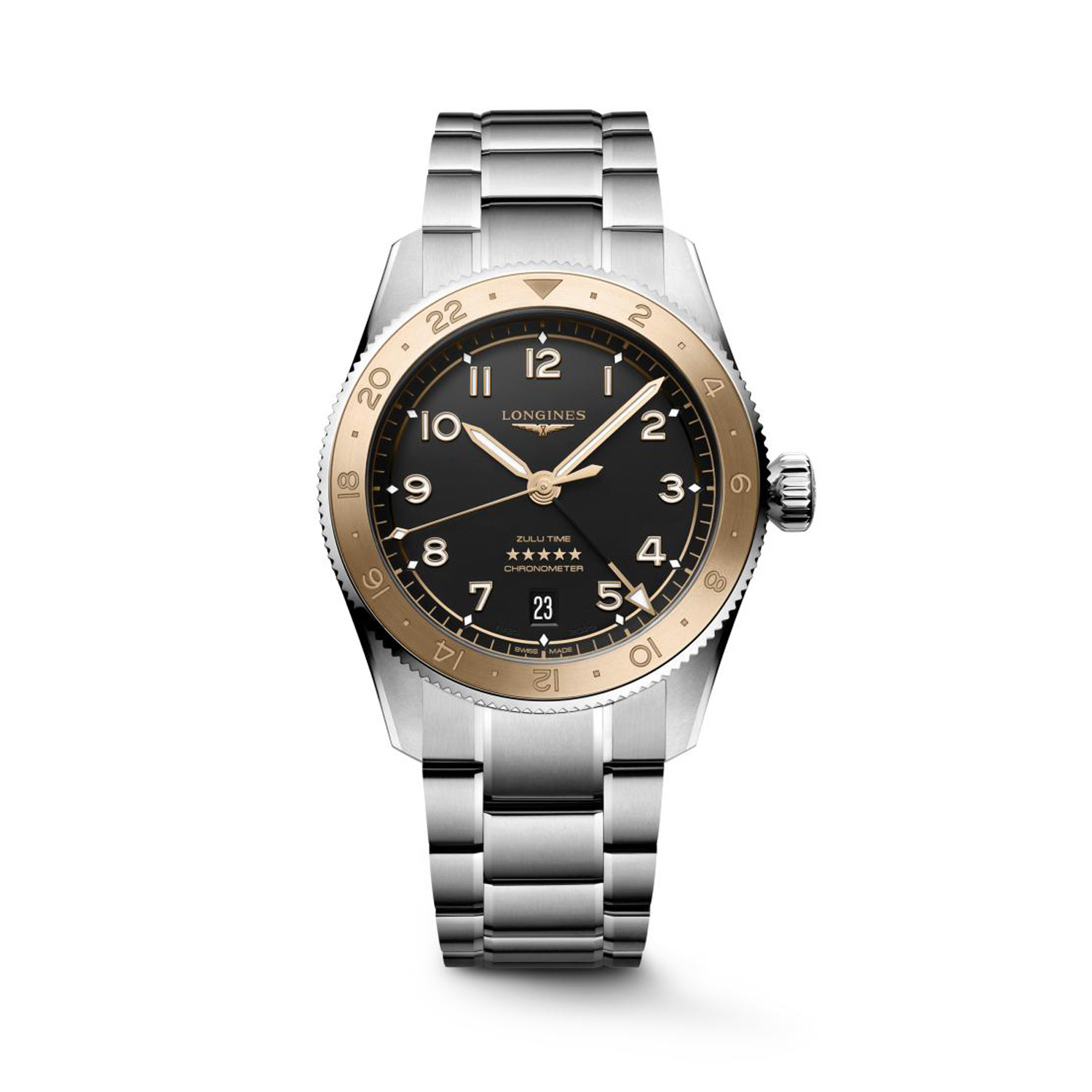 Longines, Spirit Zulu Time 1925, Automatic Men's Watch Longines, Spirit Zulu Time 1925 with a 39mm stainless steel case and bracelet strap featuring a date function and a matte black dial and 18ct pink gold bezel.
