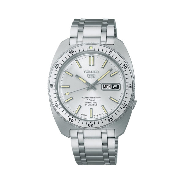 Seiko, 5 Sports 'Gene Kranz' Limited Edition with a 38.2mm stainless steel case and bracelet strap featuring a day date function and a silver dial and bezel.