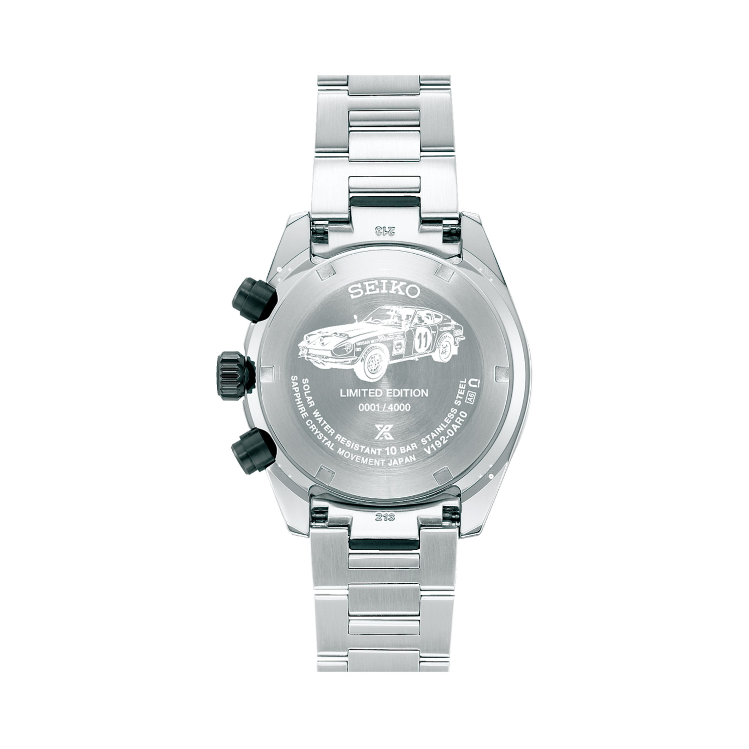 Seiko, Prospex Speedtimer x DATSUN Fairlady Z Limited Edition with a 41.4mm stainless steel case and bracelet strap featuring a date function and a chronograph on a black dial with black bezel.