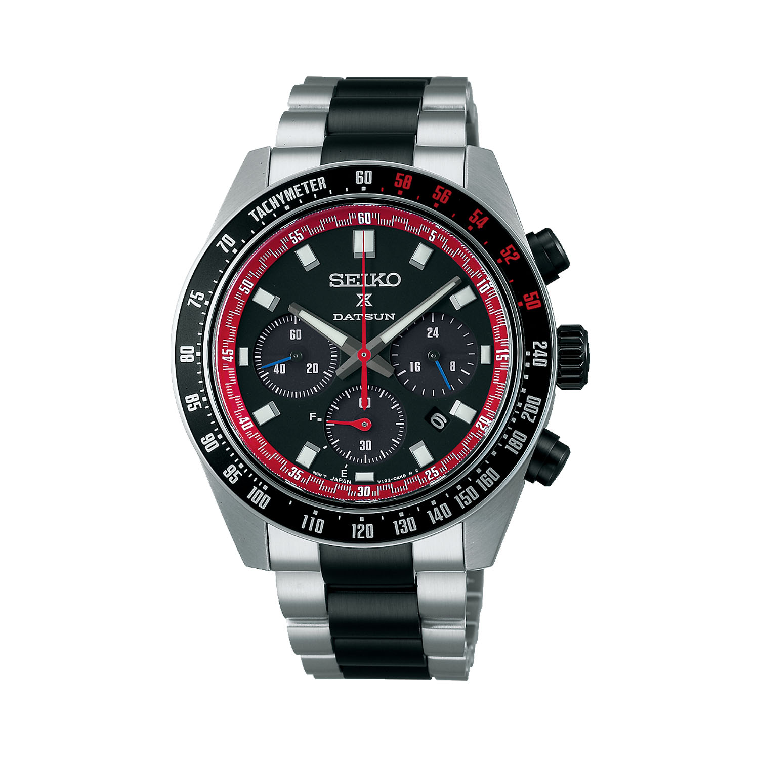 Seiko, Prospex Speedtimer x DATSUN Fairlady Z Limited Edition with a 41.4mm stainless steel case and bracelet strap featuring a date function and a chronograph on a black dial with black bezel.