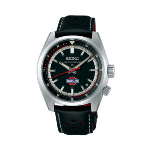 Seiko, Prospex Speedtimer Compact 6R x DATSUN Fairlady Z Limited Edition with a 39.5mm stainless steel case and a black leather strap featuring a date function and a black dial.
