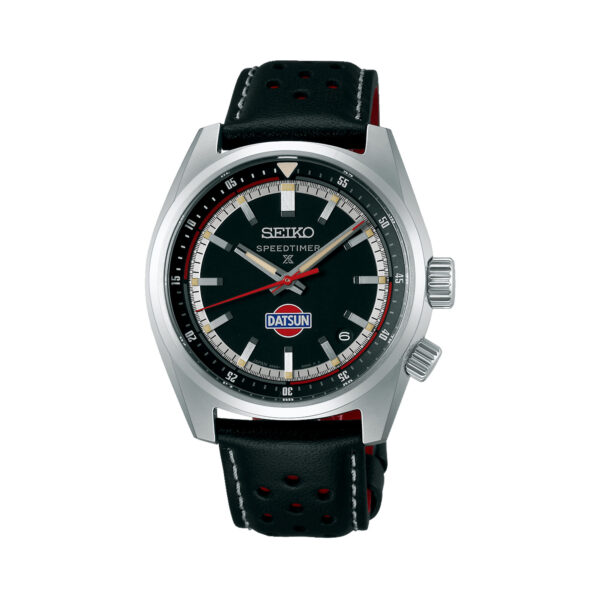 Seiko, Prospex Speedtimer Compact 6R x DATSUN Fairlady Z Limited Edition with a 39.5mm stainless steel case and a black leather strap featuring a date function and a black dial.