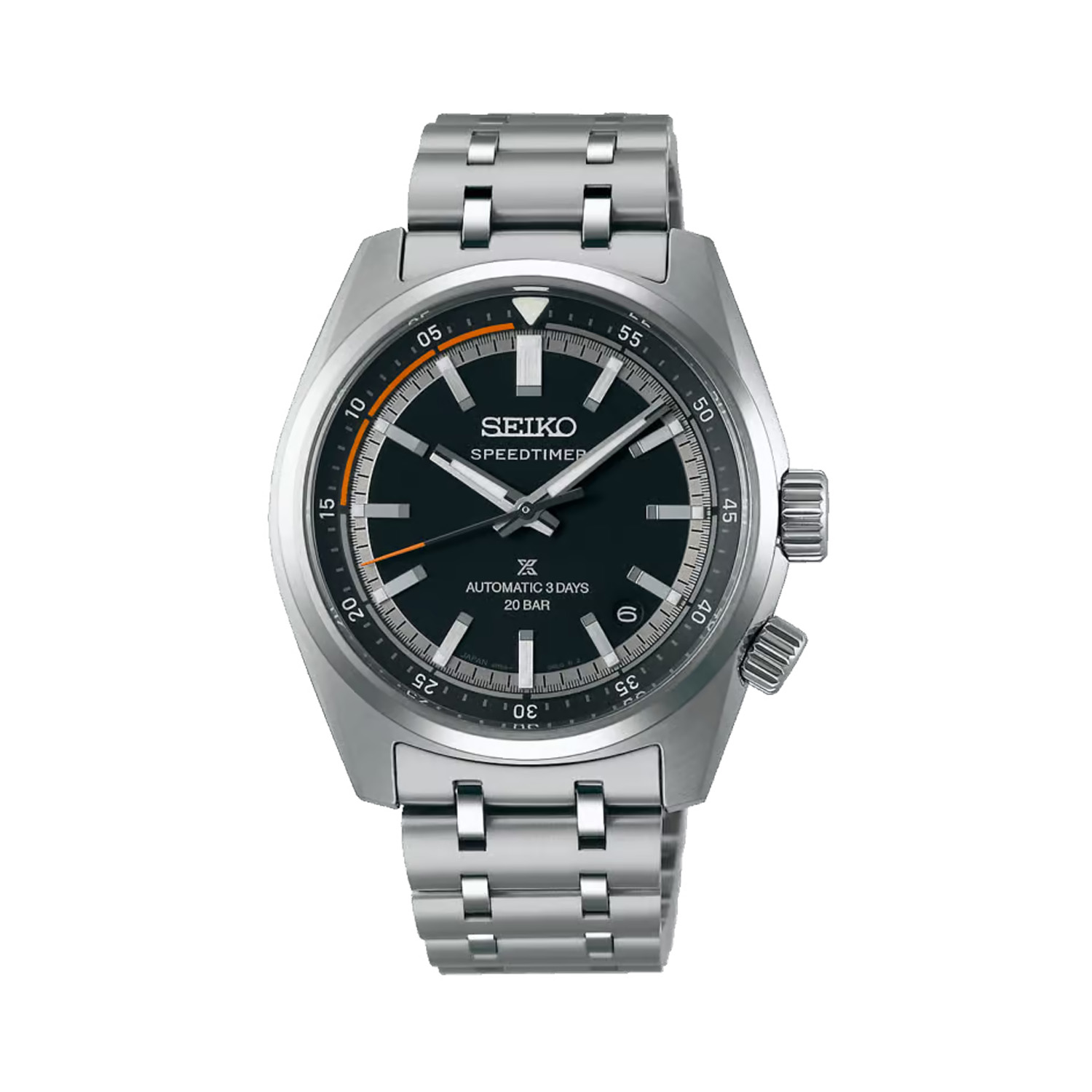 Seiko, Speedtimer 6R 'Compact Countdown' Black-Grey Contrast with a 39.5mm stainless steel case and bracelet strap featuring a date function and a black dial.