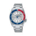 Seiko, 5 Sports x PEPSI Limited Edition Silverwhite with a 38mm stainless steel case and bracelet strap featuring a day date with a silver dial and blue and red bezel.
