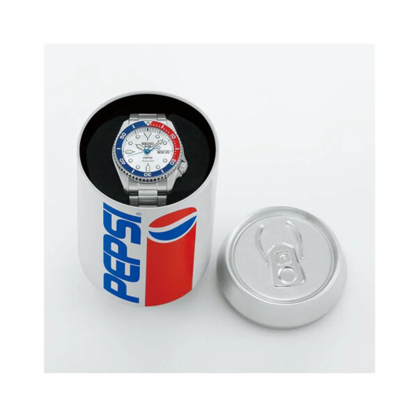 Seiko, 5 Sports x PEPSI Limited Edition Silverwhite with a 38mm stainless steel case and bracelet strap featuring a day date with a silver dial and blue and red bezel.