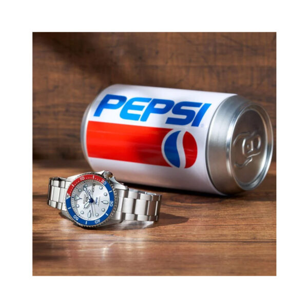Seiko, 5 Sports x PEPSI Limited Edition Silverwhite with a 38mm stainless steel case and bracelet strap featuring a day date with a silver dial and blue and red bezel.