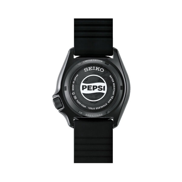 Seiko, 5 Sports x PEPSI Limited Edition All-Black with a 42.5mm black stainless steel case and a black silicone strap featuring a date function and a black dial with a red and blue bezel.