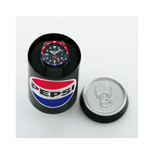 Seiko, 5 Sports x PEPSI Limited Edition All-Black with a 42.5mm black stainless steel case and a black silicone strap featuring a date function and a black dial with a red and blue bezel.