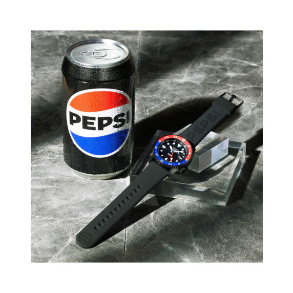 Seiko, 5 Sports x PEPSI Limited Edition All-Black with a 42.5mm black stainless steel case and a black silicone strap featuring a date function and a black dial with a red and blue bezel.