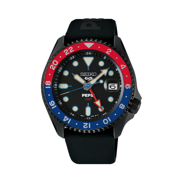 Seiko, 5 Sports x PEPSI Limited Edition All-Black with a 42.5mm black stainless steel case and a black silicone strap featuring a date function and a black dial with a red and blue bezel.