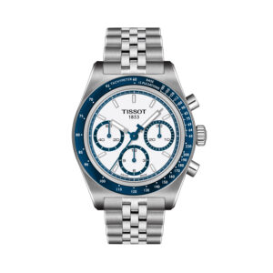 Tissot, PR516 with a 41mm stainless steel case and bracelet strap featuring a chronograph and a white dial with a blue bezel.