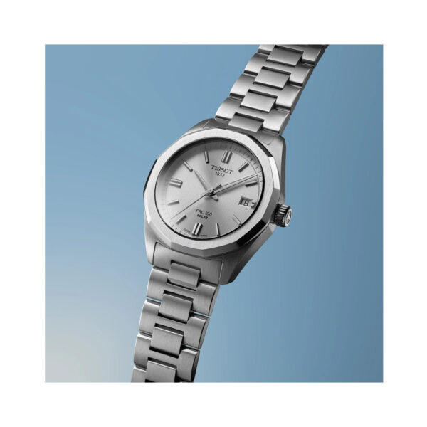 Tissot, PRC 100 with a 34mm stainless steel case and bracelet strap featuring a date function with a silver dial.