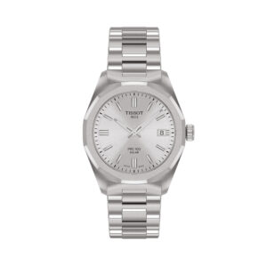 Tissot, PRC 100 with a 34mm stainless steel case and bracelet strap featuring a date function with a silver dial.