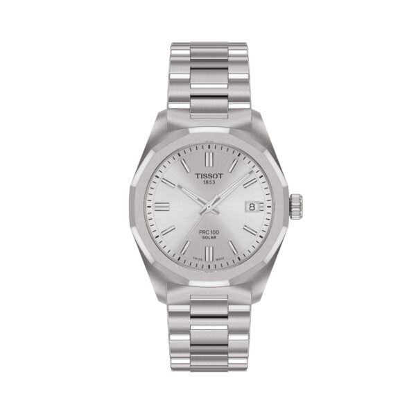 Tissot, PRC 100 with a 34mm stainless steel case and bracelet strap featuring a date function with a silver dial.