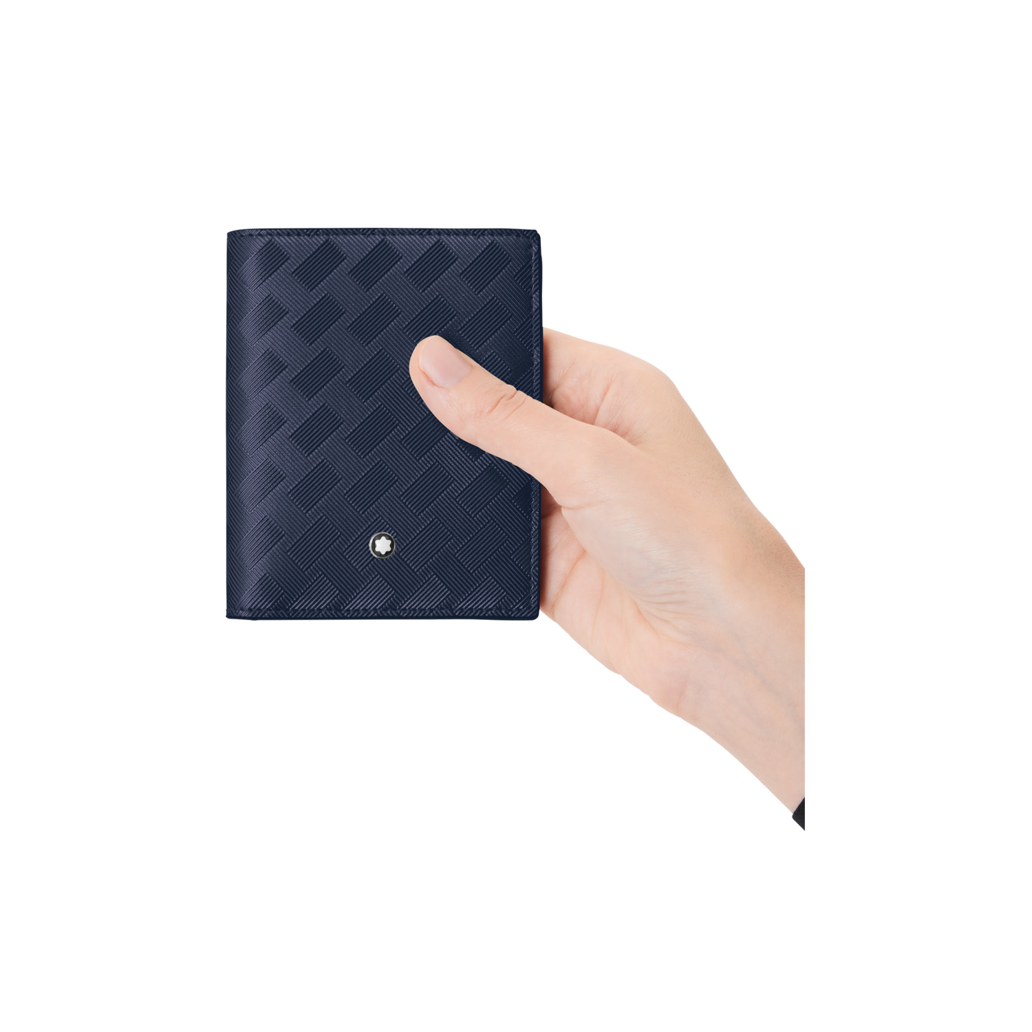 A Montblanc, Extreme 3.0 dark blue coloured compact wallet crafted from leather adorned with the Extreme 3.0 motif featuring six credit card slots and a practical ring that can be attached to larger bags.