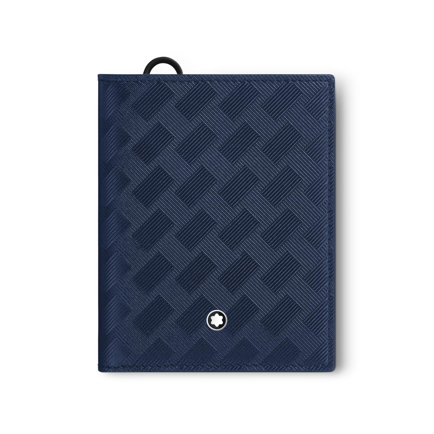 A Montblanc, Extreme 3.0 dark blue coloured compact wallet crafted from leather adorned with the Extreme 3.0 motif featuring six credit card slots and a practical ring that can be attached to larger bags.