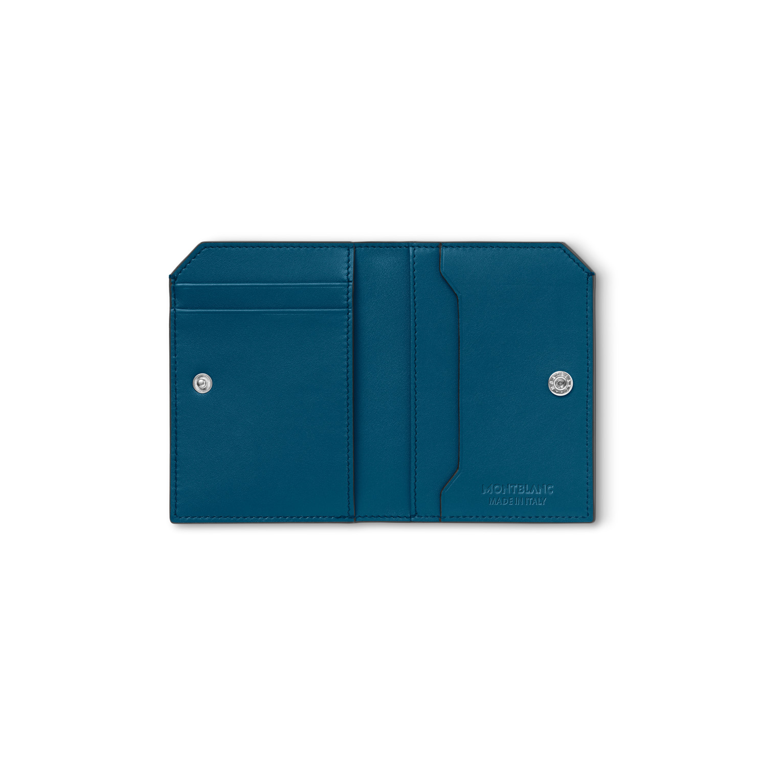 A Montblanc, soft blue mini wallet crafted in leather with three credit card slots, a banknote compartment and two additional small pockets.