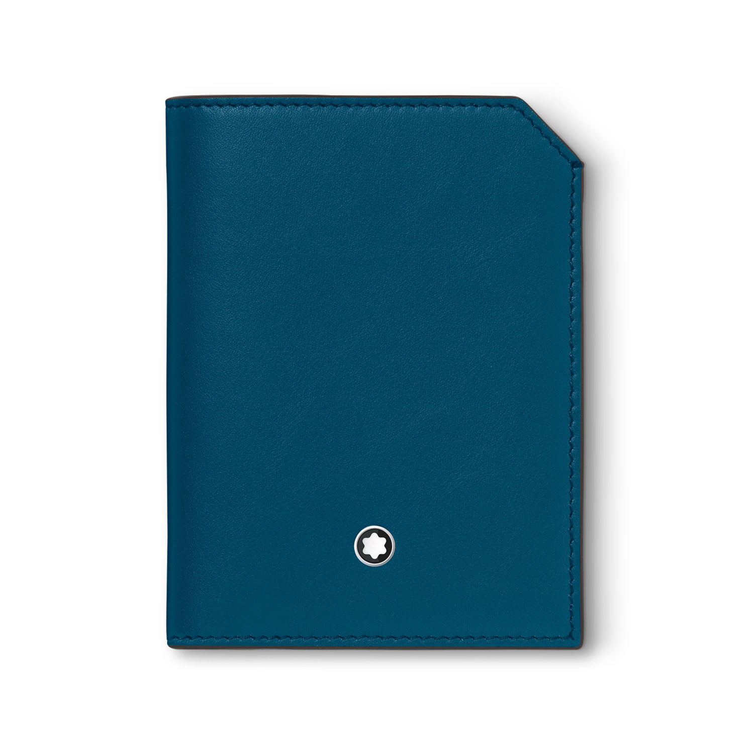 A Montblanc, soft blue mini wallet crafted in leather with three credit card slots, a banknote compartment and two additional small pockets.