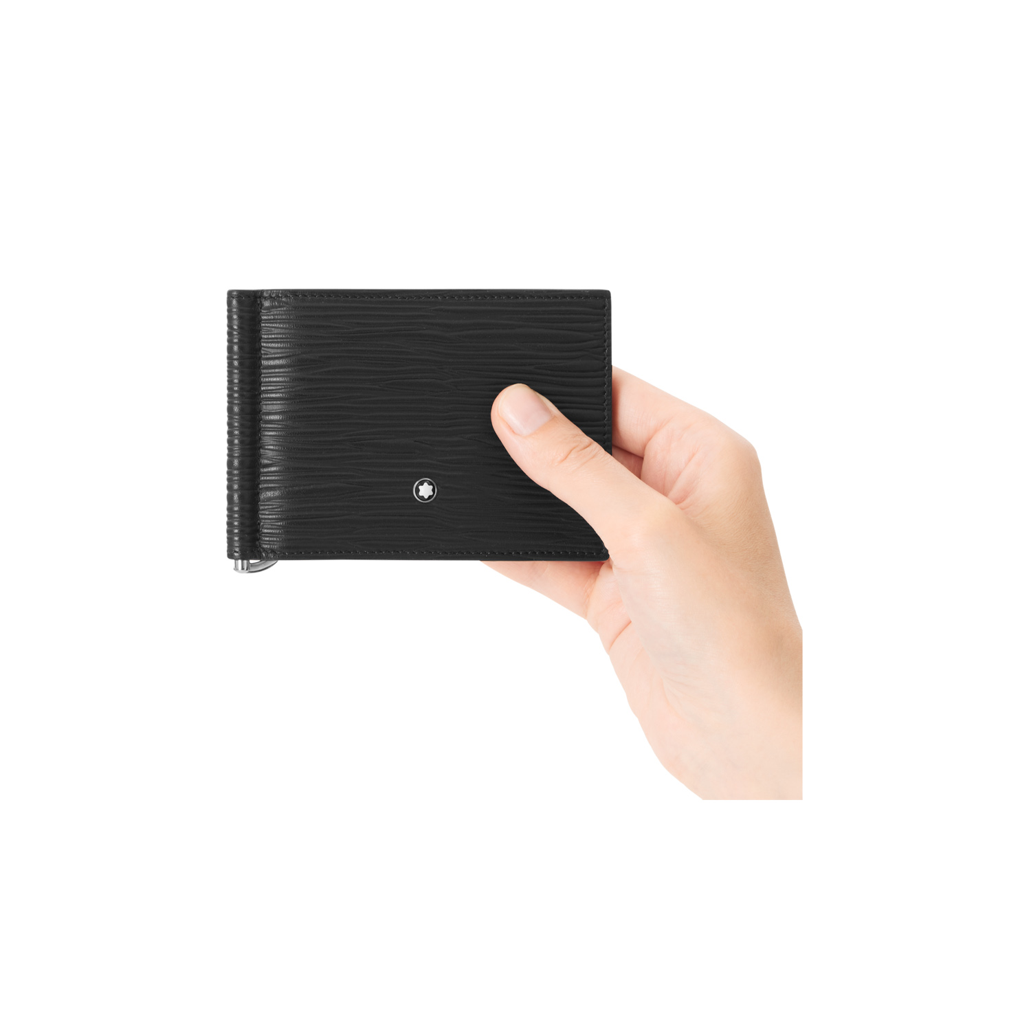 A Montblanc, 4810 black wallet crafted from textured black leather with six credit card slots, two compact pockets and a money clip to keep banknotes safe on the interior.