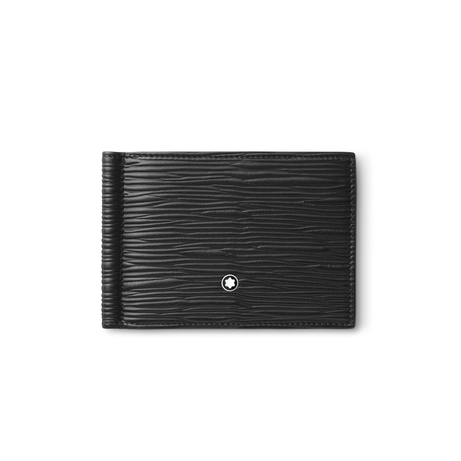 A Montblanc, 4810 black wallet crafted from textured black leather with six credit card slots, two compact pockets and a money clip to keep banknotes safe on the interior.