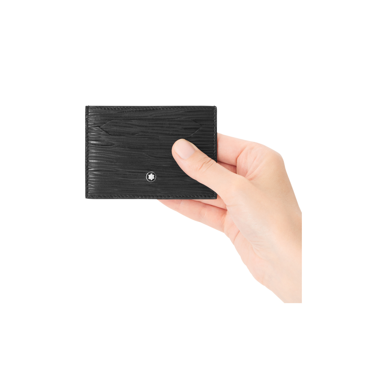 A Montblanc, 4810 black card holder crafted in high-quality textured leather with five credit card slots.