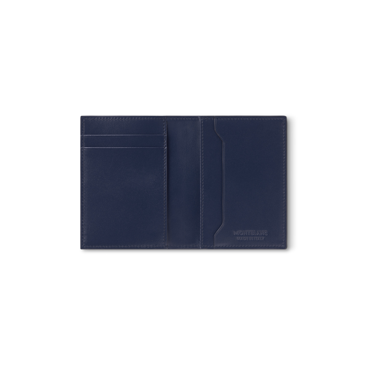 A Montblanc, Meisterstück ink blue card holder crafted in leather with four credit card slots and a compartment for business cards.