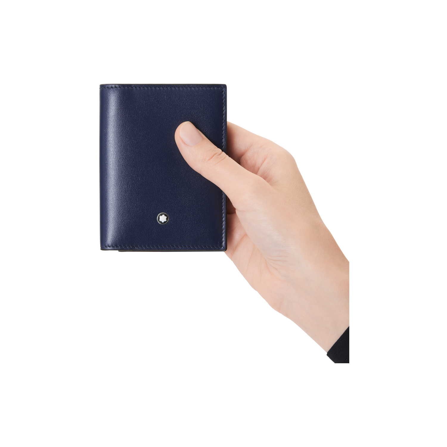 A Montblanc, Meisterstück ink blue card holder crafted in leather with four credit card slots and a compartment for business cards.