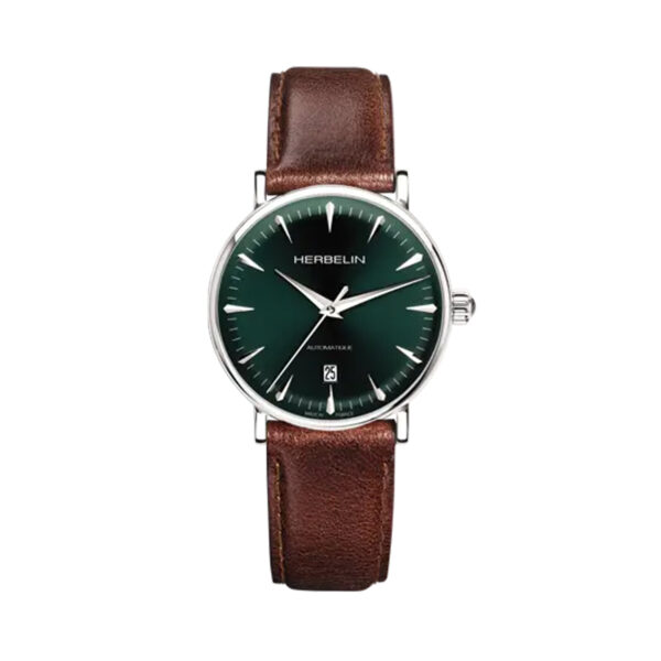 Herbelin, Inspiration with a 40mm stainless steel case and a brown leather strap featuring a date function and a dark green dial.