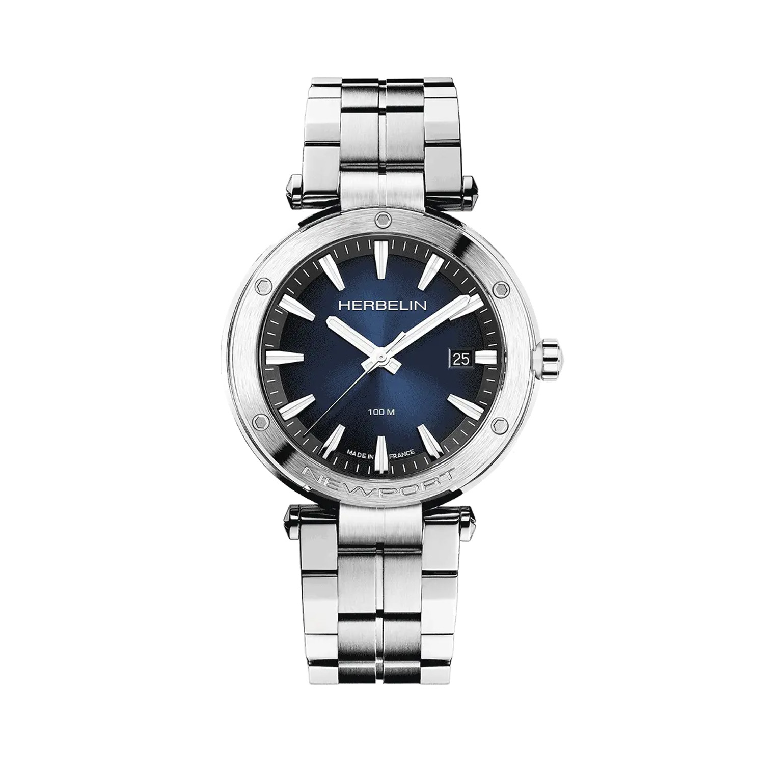 Herbelin, Newport with a 40.5mm stainless steel case and bracelet strap featuring a date function and a dark blue graduated dial.