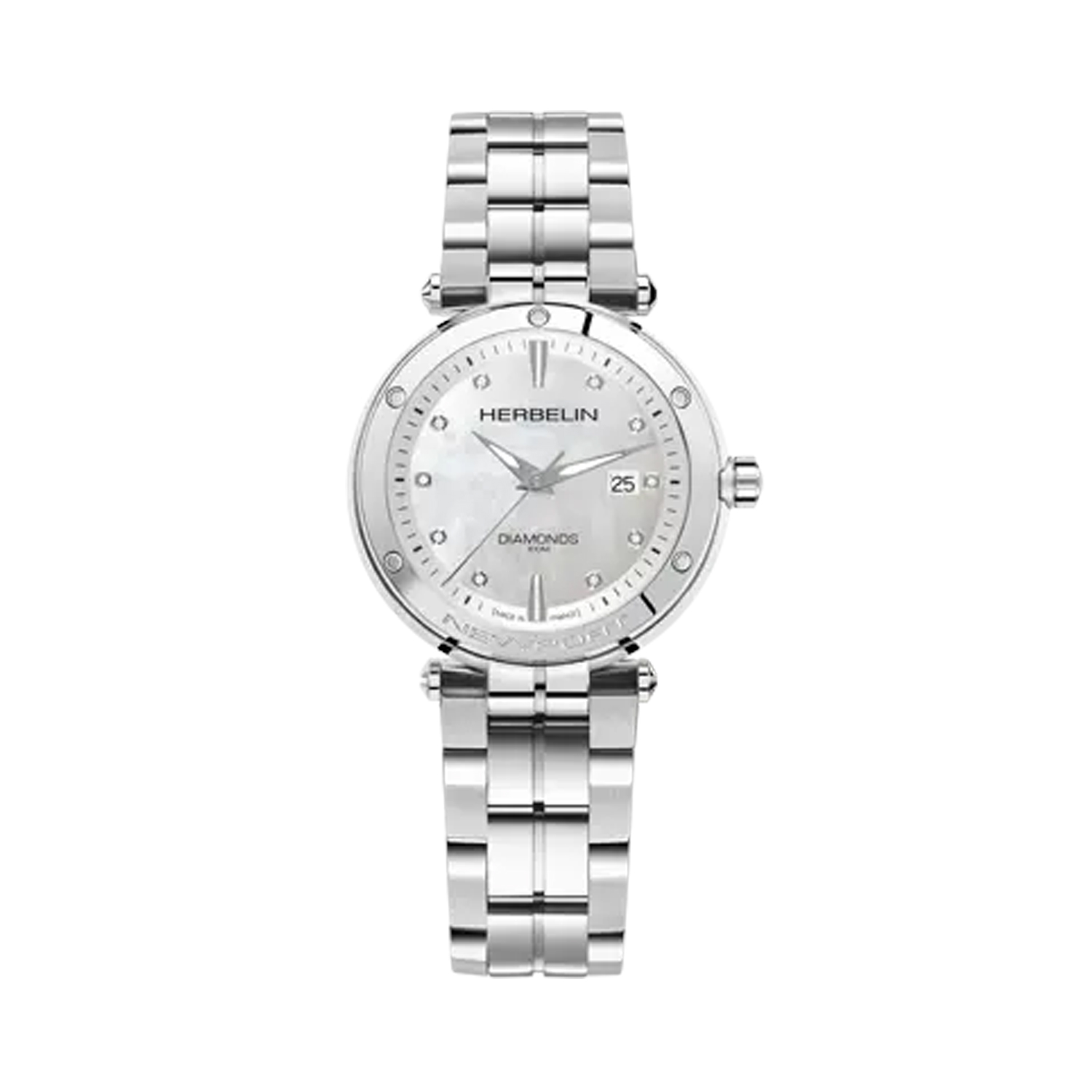 Herbelin, Newport with a 34.5mm stainless steel case and bracelet strap featuring a date function and a white mother of pearl zircon set dial.