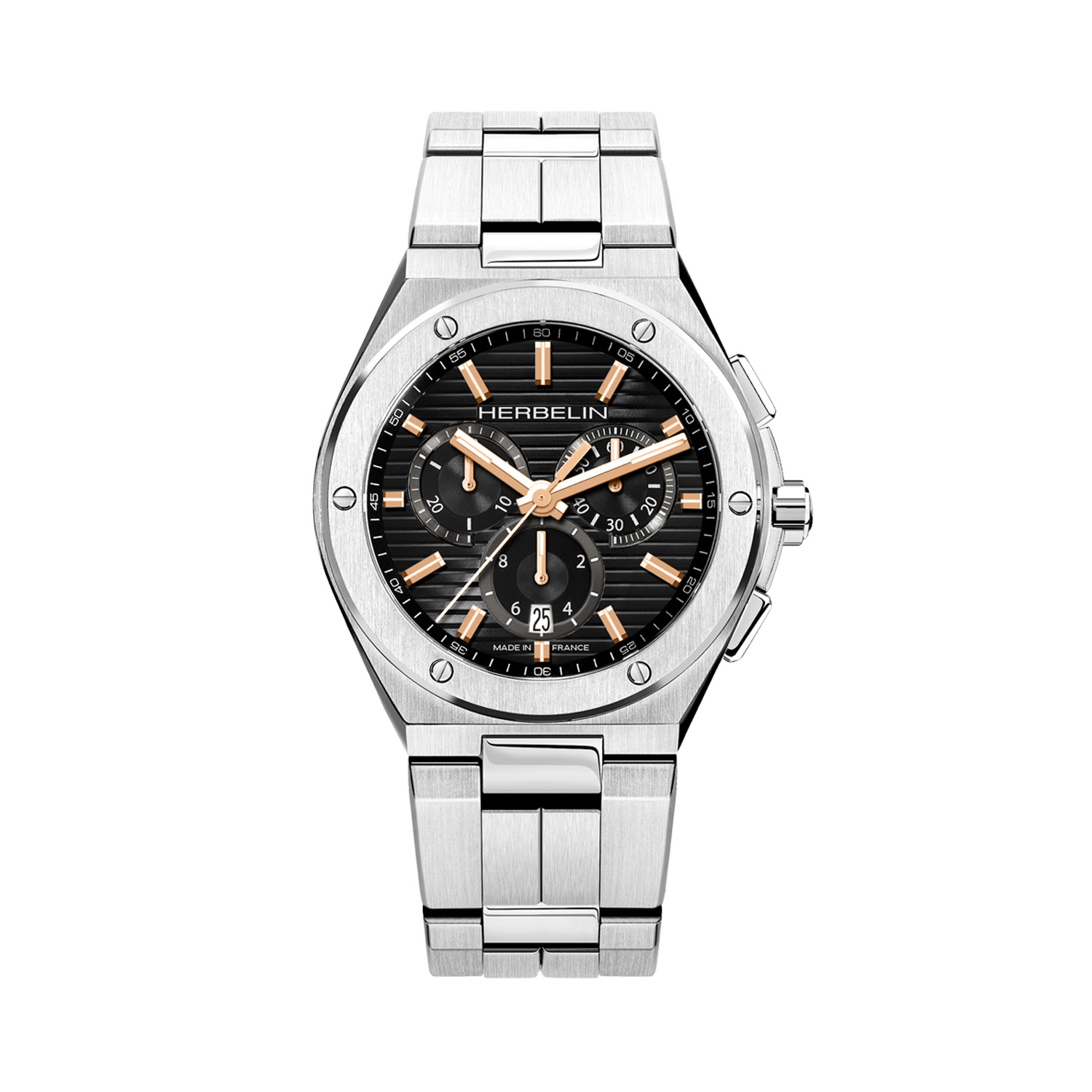 Herbelin, Cap Camarat Chronograph Steel & Rose Gold PVD, Quartz Men's Watch Herbelin, Cap Camarat Chronograph with a 42mm stainless steel case and bracelet strap featuring a date function, chronograph and rose gold PVD coated hands and hour markers.