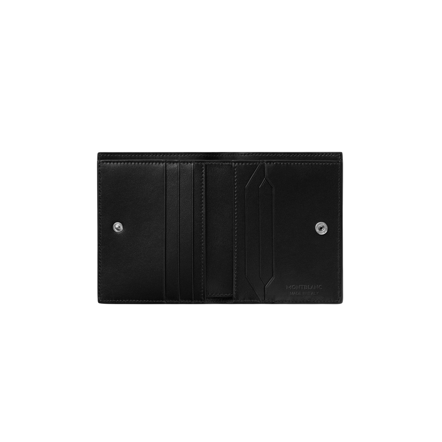 Montblanc, Meisterstück Black Compact 6cc Wallet A Montblanc, Meisterstück black compact wallet crafted from deep shine black leather featuring six credit card slots, a compartment for banknotes and two small additional pockets.