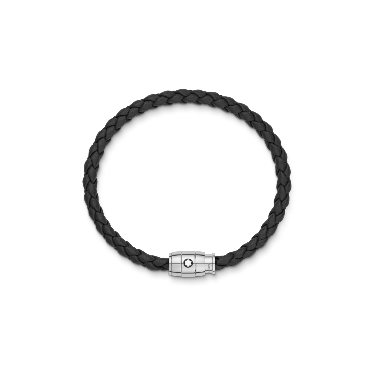 A Montblanc, black woven leather bracelet with a clasp made from stainless steel featuring the Montblanc emblem.