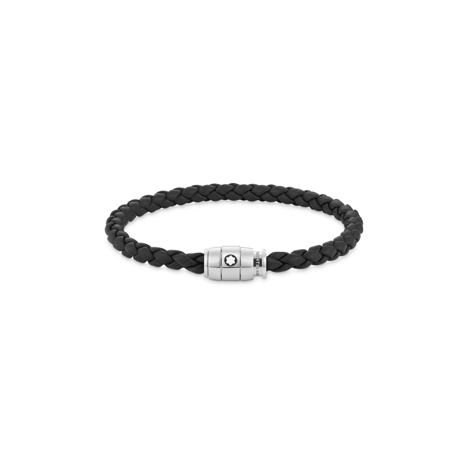 A Montblanc, black woven leather bracelet with a clasp made from stainless steel featuring the Montblanc emblem.