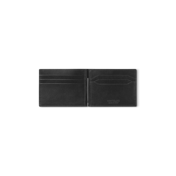 Montblanc, Meisterstück black wallet crafted in smooth leather and lined with black fabric featuring a money clip for securing banknotes with six dedicated credit card slots.