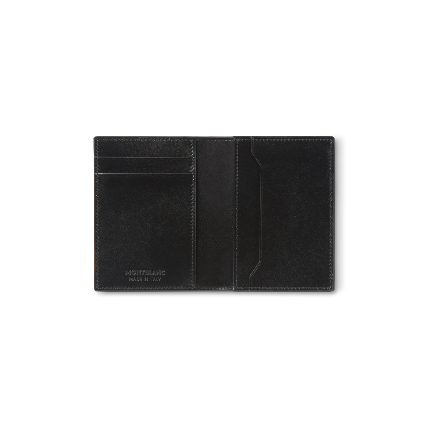 A Montblanc, Meisterstück card holder crafted in deep-shine black leather with an exterior credit card slot and three internal slots, a dedicated business card compartment featuring an extra small additional pocket.