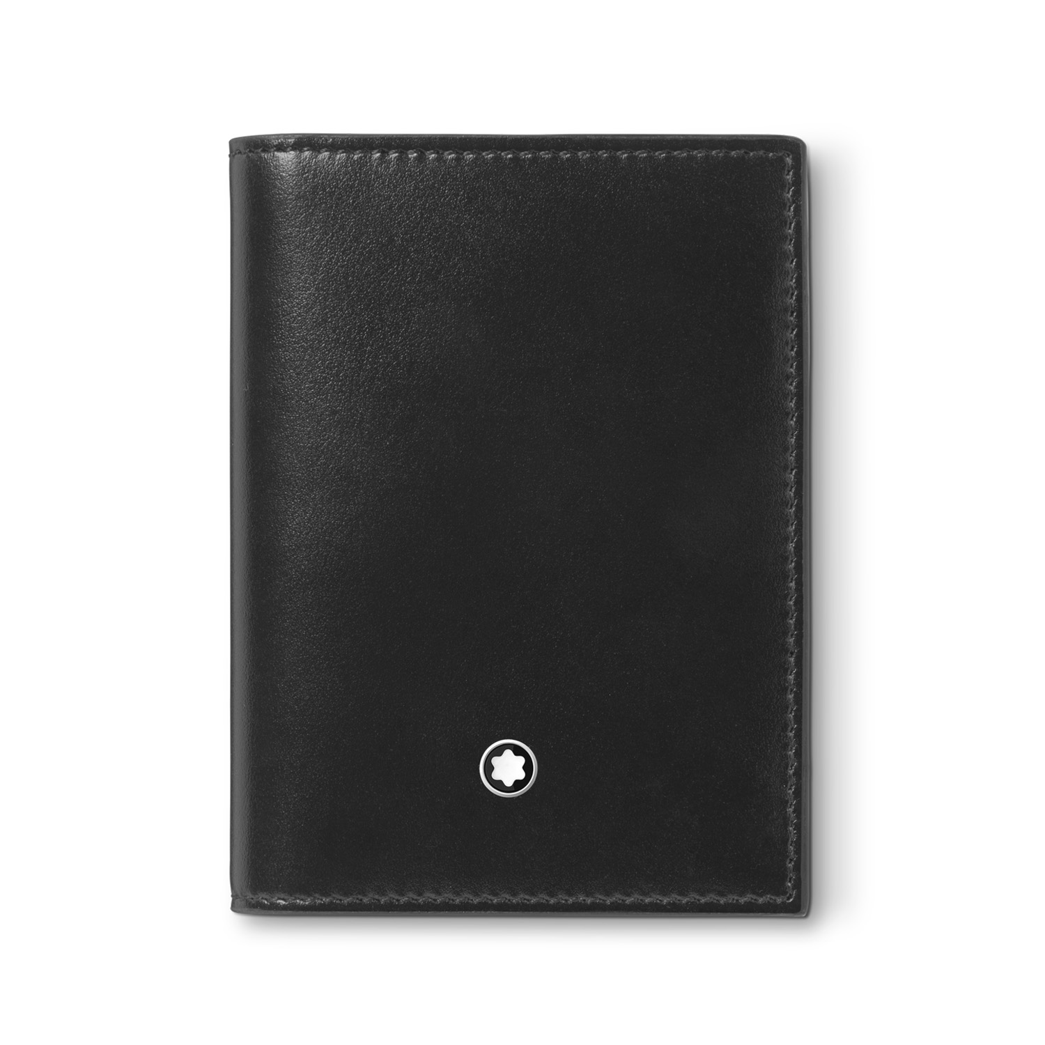 A Montblanc, Meisterstück card holder crafted in deep-shine black leather with an exterior credit card slot and three internal slots, a dedicated business card compartment featuring an extra small additional pocket.