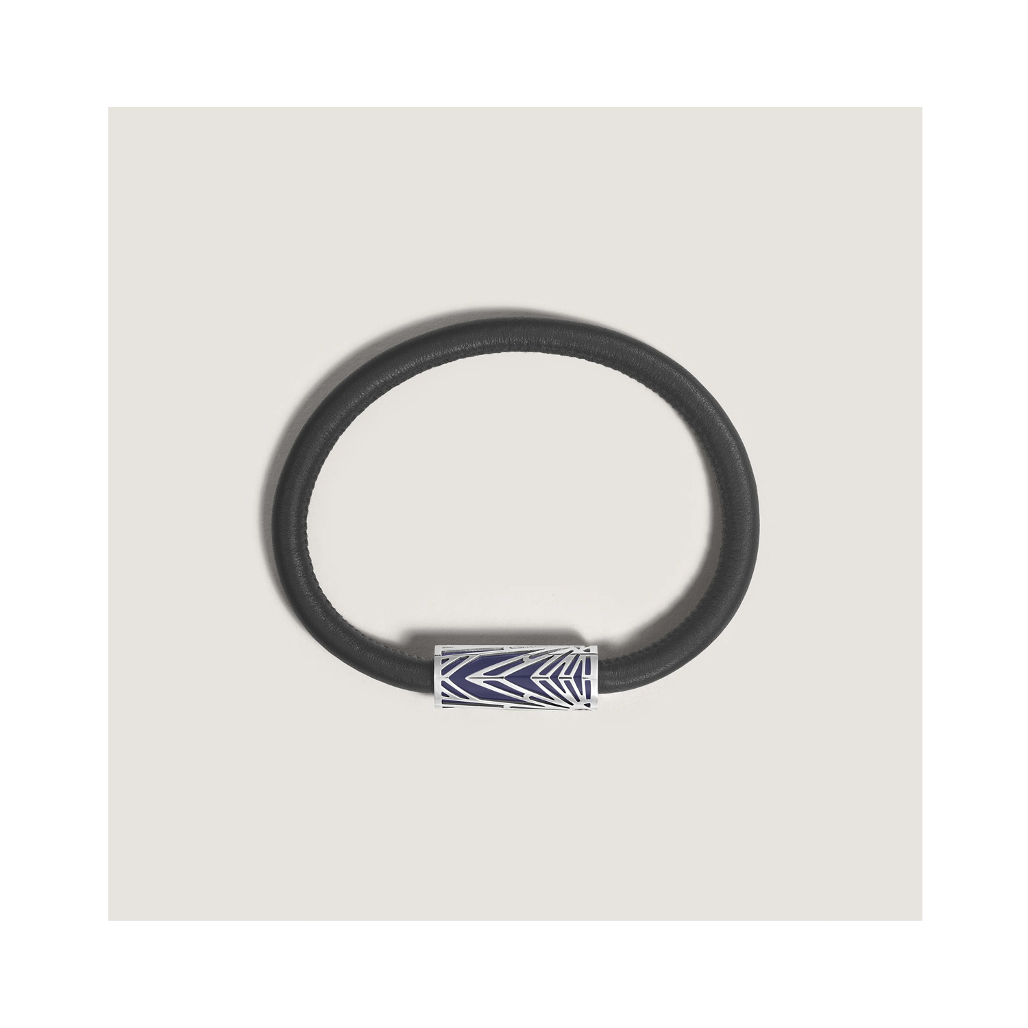 Montblanc, Meisterstück The Origin Collection Blue Bracelet A Montblanc, Meisterstück The Origin Collection black leather bracelet with a PVD coated stainless steel tube with a laquered pattern.
